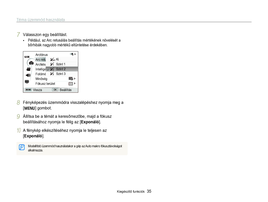 Samsung EC-WB690ZBPBE2 manual Téma üzemmód használata, 10 a fénykép elkészítéséhez nyomja le teljesen az Exponáló 