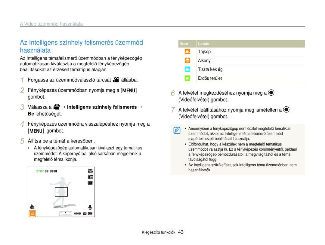 Samsung EC-WB690ZBPBE2 manual Az Intelligens színhely felismerés üzemmód használata 