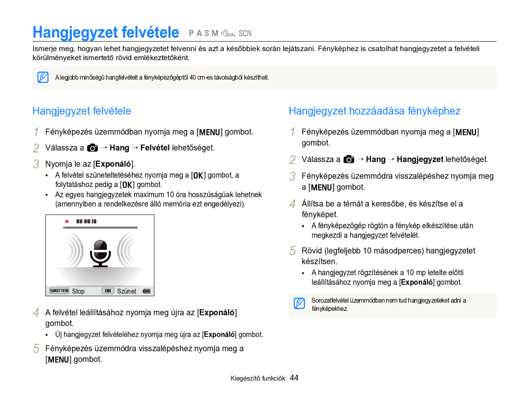 Samsung EC-WB690ZBPBE2 manual Hangjegyzet felvétele p a h M d s, Hangjegyzet hozzáadása fényképhez 