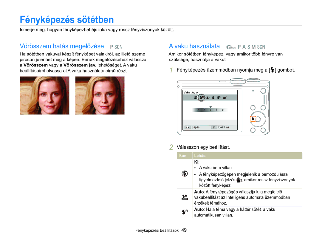 Samsung EC-WB690ZBPBE2 manual Fényképezés sötétben, Vörösszem hatás megelőzése p s Vaku használata S p a h M s 