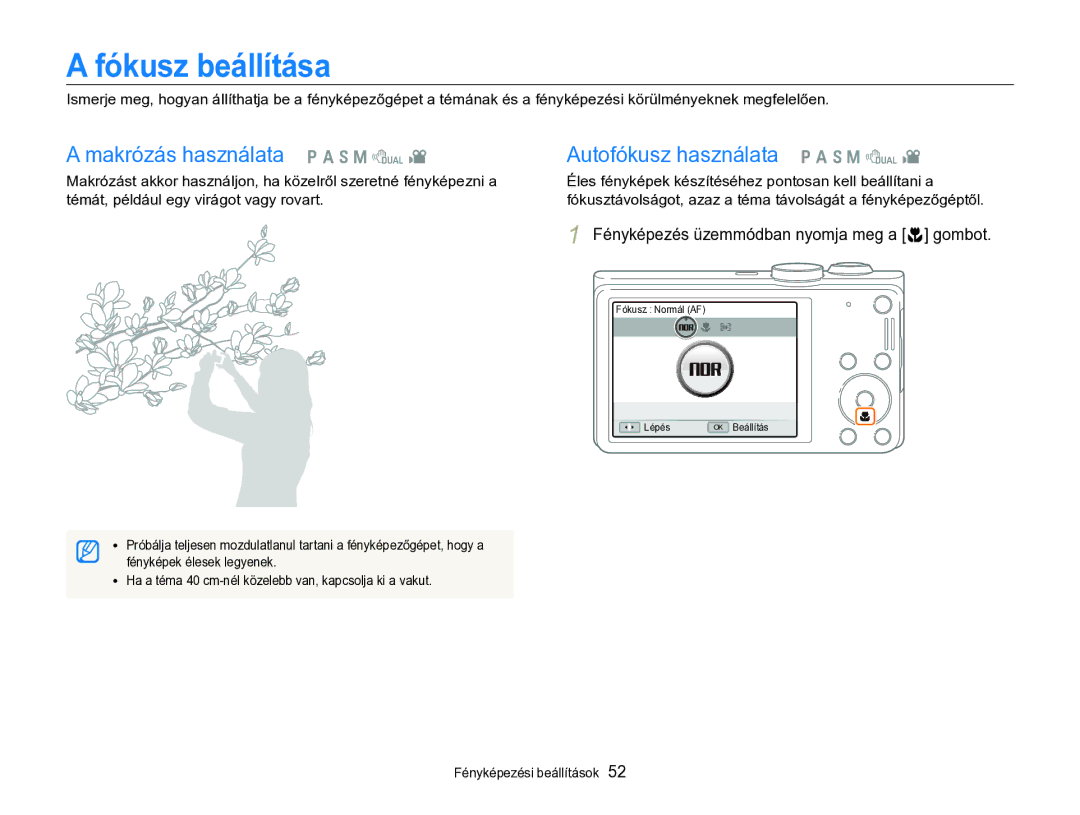 Samsung EC-WB690ZBPBE2 manual Fókusz beállítása, Fényképezés üzemmódban nyomja meg a c gombot 