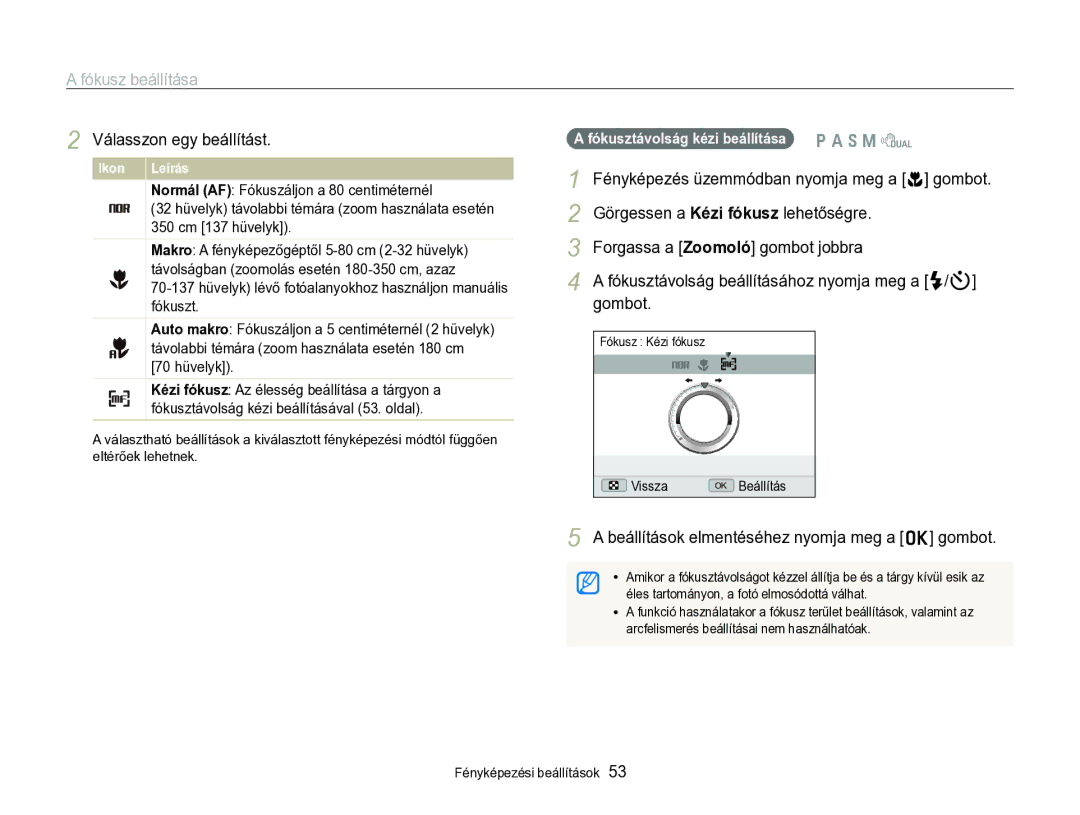 Samsung EC-WB690ZBPBE2 manual Fókusz beállítása, Görgessen a Kézi fókusz lehetőségre 