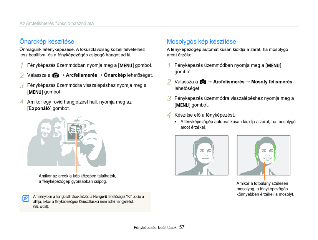 Samsung EC-WB690ZBPBE2 manual Önarckép készítése, Mosolygós kép készítése, Az Arcfelismerés funkció használata 