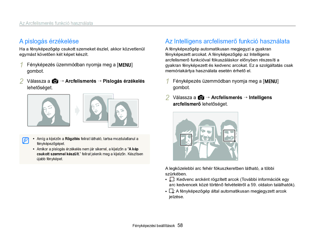 Samsung EC-WB690ZBPBE2 manual Pislogás érzékelése, Az Intelligens arcfelismerő funkció használata 