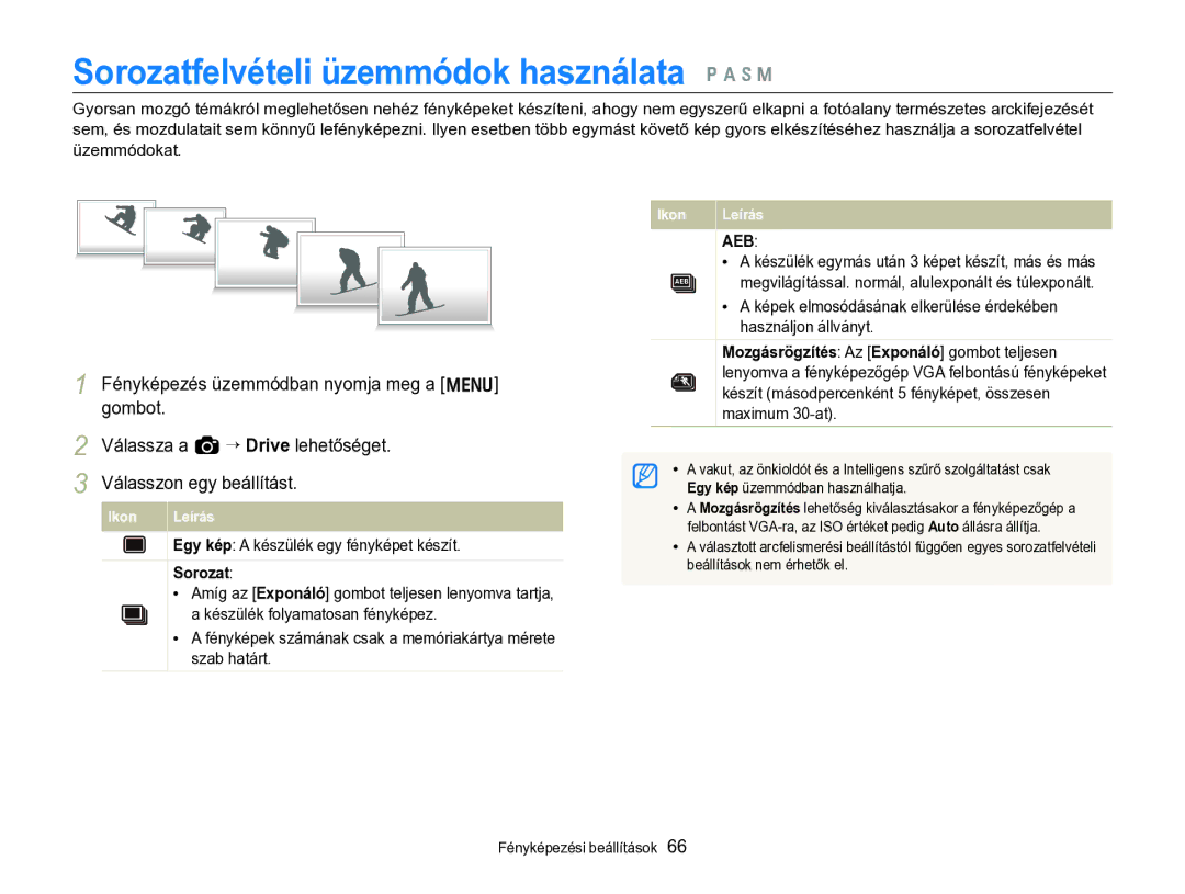 Samsung EC-WB690ZBPBE2 manual Sorozatfelvételi üzemmódok használata p a h M 