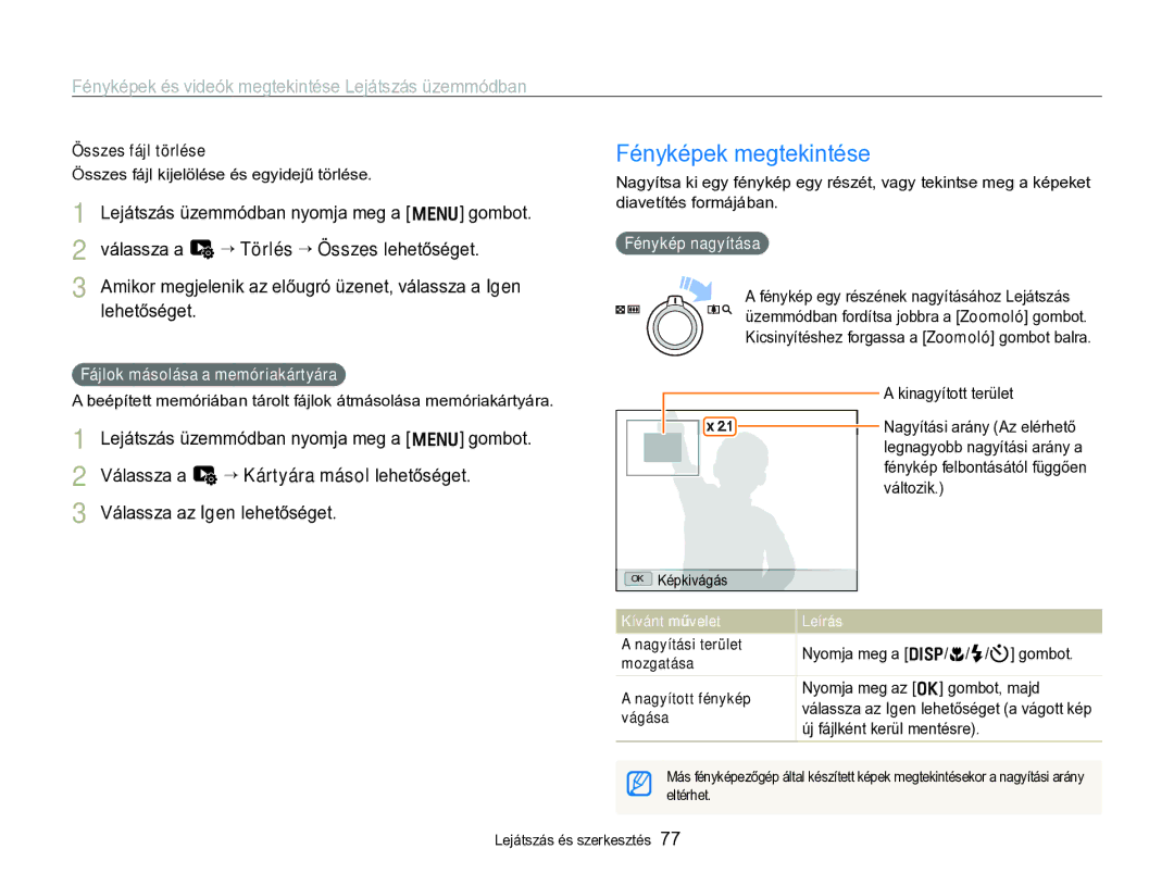 Samsung EC-WB690ZBPBE2 manual Fényképek megtekintése, Fájlok másolása a memóriakártyára, Fénykép nagyítása 