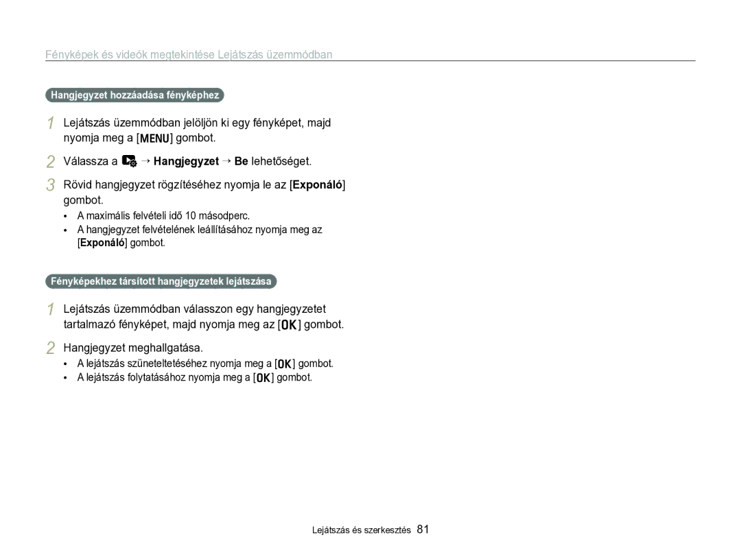 Samsung EC-WB690ZBPBE2 manual Hangjegyzet meghallgatása, Hangjegyzet hozzáadása fényképhez 