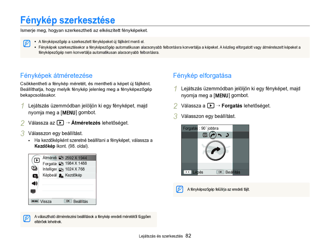 Samsung EC-WB690ZBPBE2 manual Fénykép szerkesztése, Fényképek átméretezése, Fénykép elforgatása 