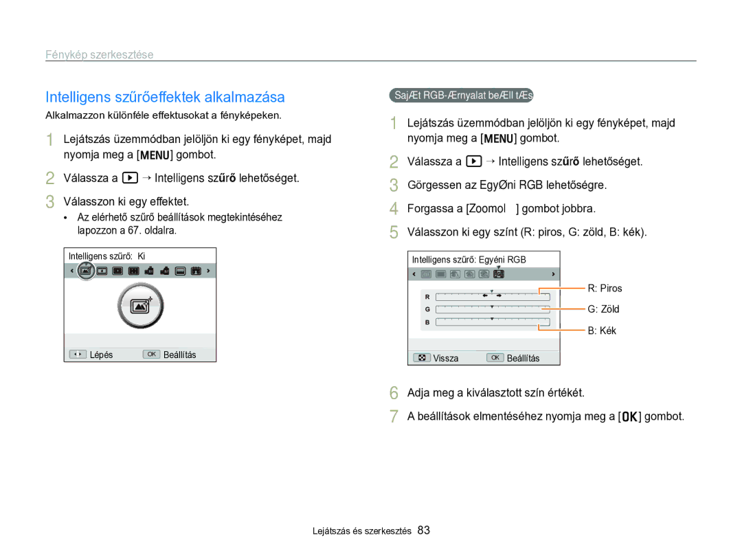 Samsung EC-WB690ZBPBE2 manual Fénykép szerkesztése, Adja meg a kiválasztott szín értékét 