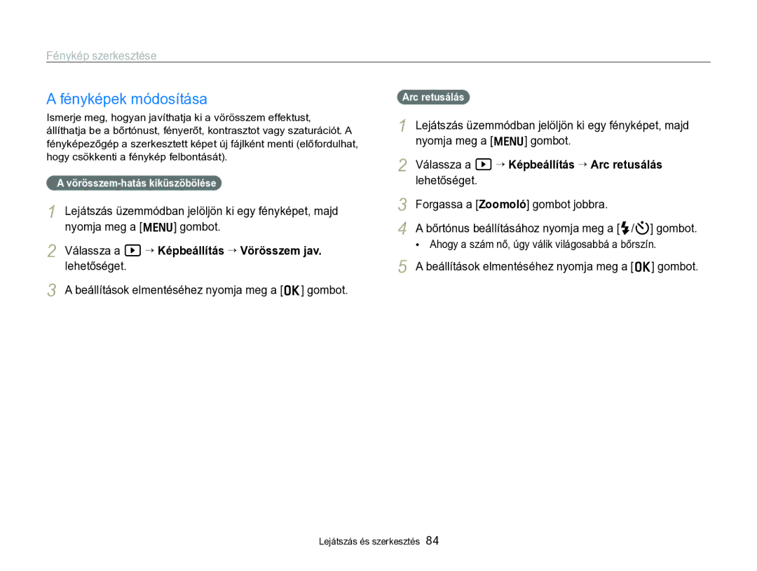 Samsung EC-WB690ZBPBE2 manual Fényképek módosítása, Vörösszem-hatás kiküszöbölése, Arc retusálás 