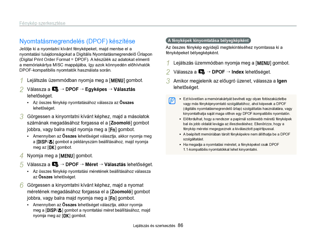 Samsung EC-WB690ZBPBE2 manual Nyomtatásmegrendelés Dpof készítése, Lejátszás üzemmódban nyomja meg a m gombot 