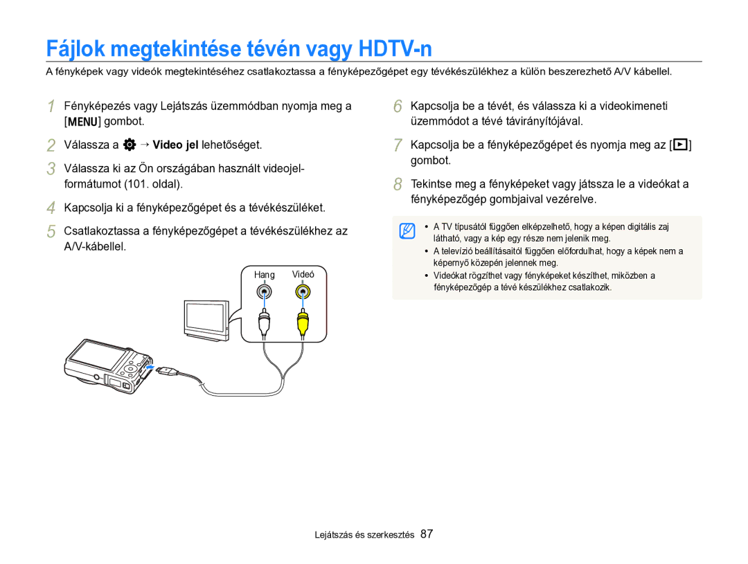 Samsung EC-WB690ZBPBE2 Fájlok megtekintése tévén vagy HDTV-n, Fényképezés vagy Lejátszás üzemmódban nyomja meg a m gombot 