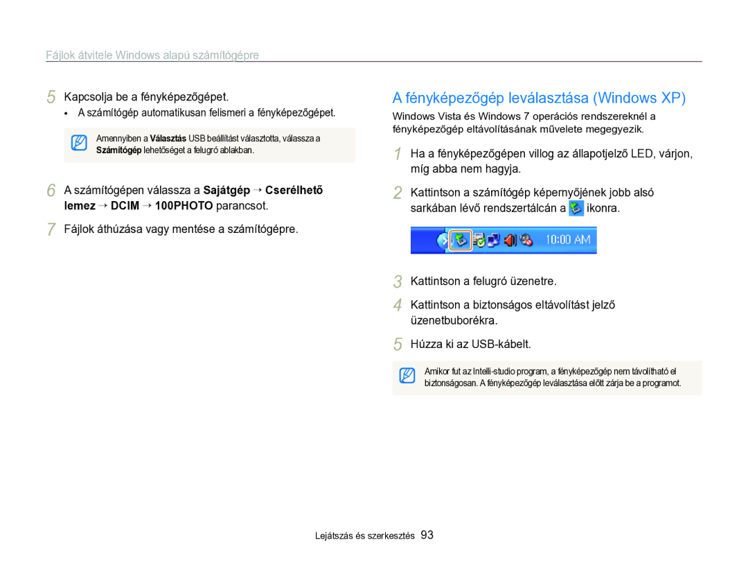 Samsung EC-WB690ZBPBE2 manual Fényképezőgép leválasztása Windows XP, Fényképezőgép eltávolításának művelete megegyezik 