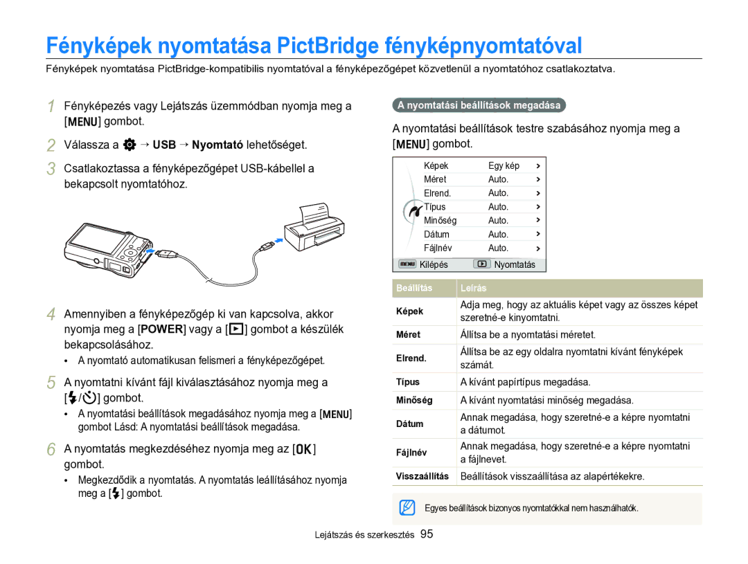 Samsung EC-WB690ZBPBE2 Fényképek nyomtatása PictBridge fényképnyomtatóval, Nyomtatás megkezdéséhez nyomja meg az o gombot 