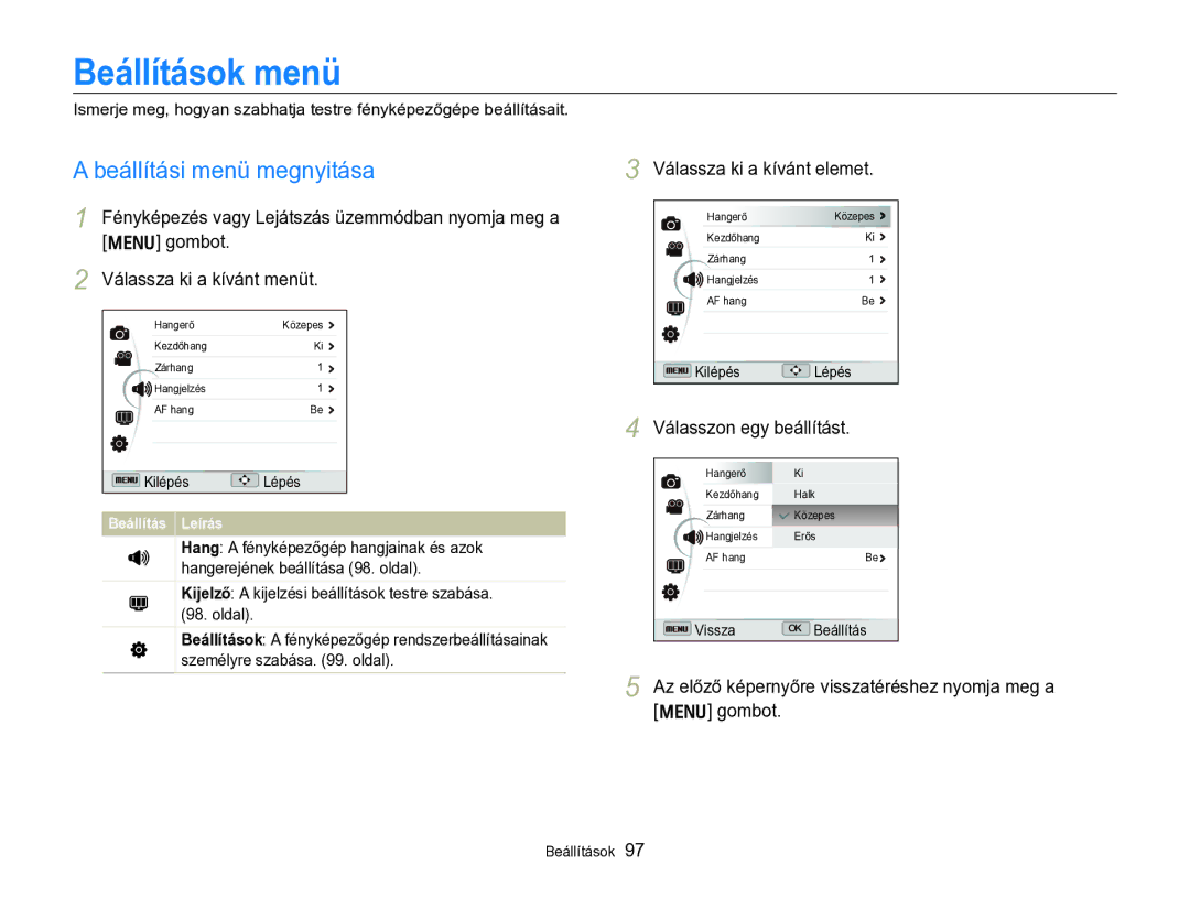 Samsung EC-WB690ZBPBE2 manual Beállítások menü, Beállítási menü megnyitása, Válassza ki a kívánt elemet 