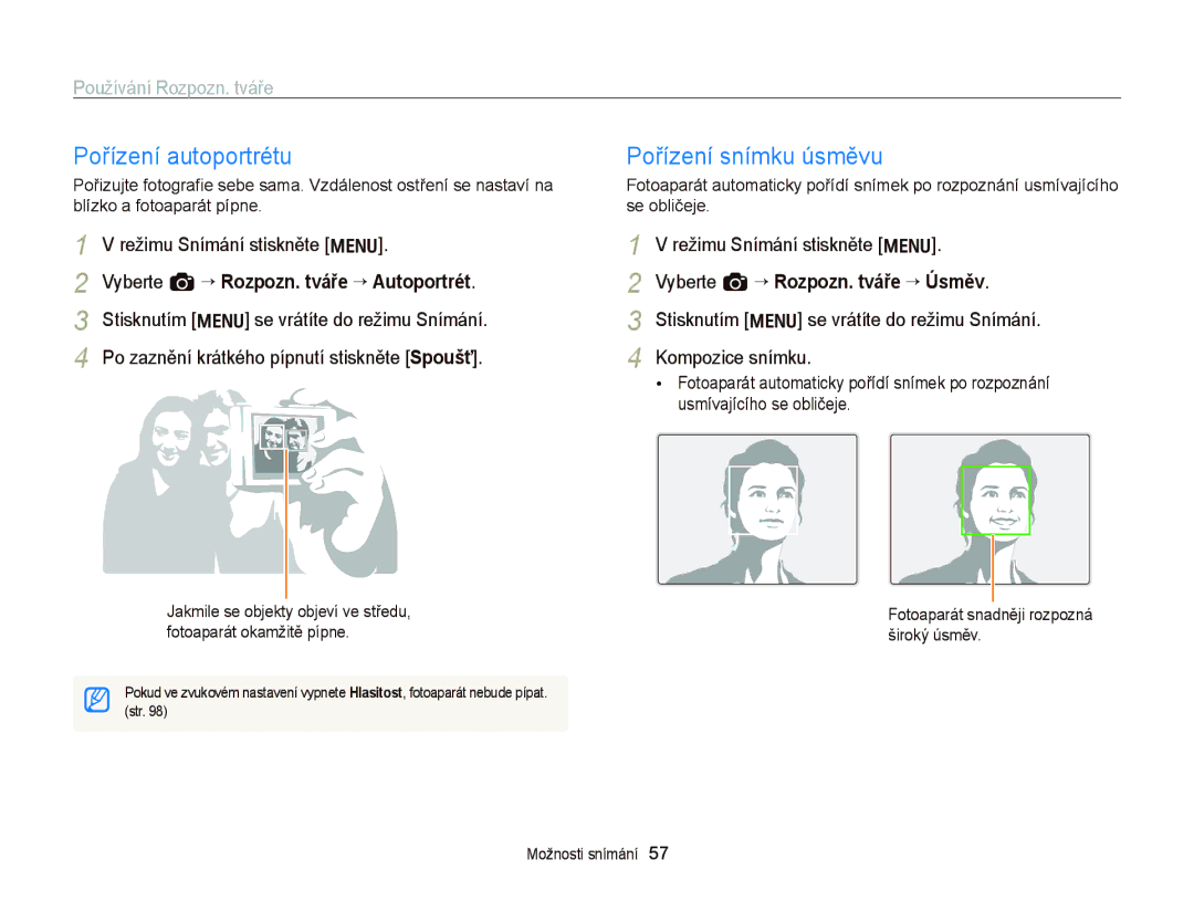 Samsung EC-WB700ZBPSE3, EC-WB700ZBPBE1 manual Pořízení autoportrétu, Pořízení snímku úsměvu, Používání Rozpozn. tváře 