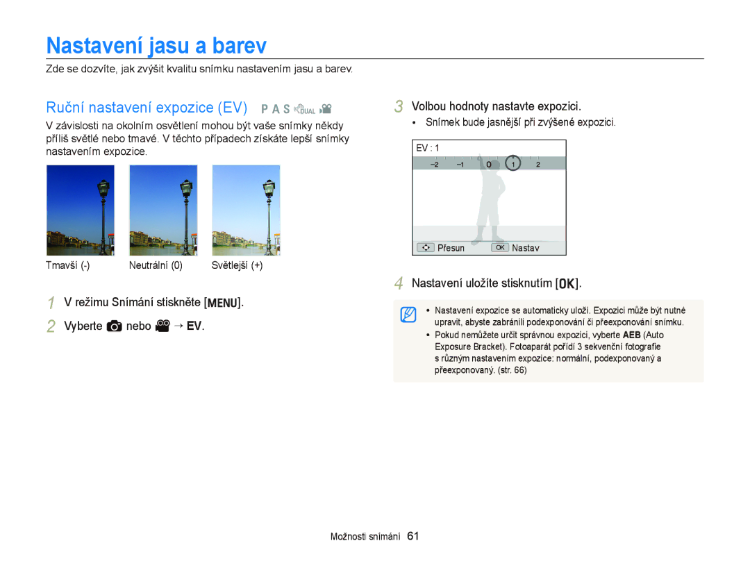 Samsung EC-WB700ZBPBE3 manual Nastavení jasu a barev, Ruční nastavení expozice EV p a h d, Volbou hodnoty nastavte expozici 