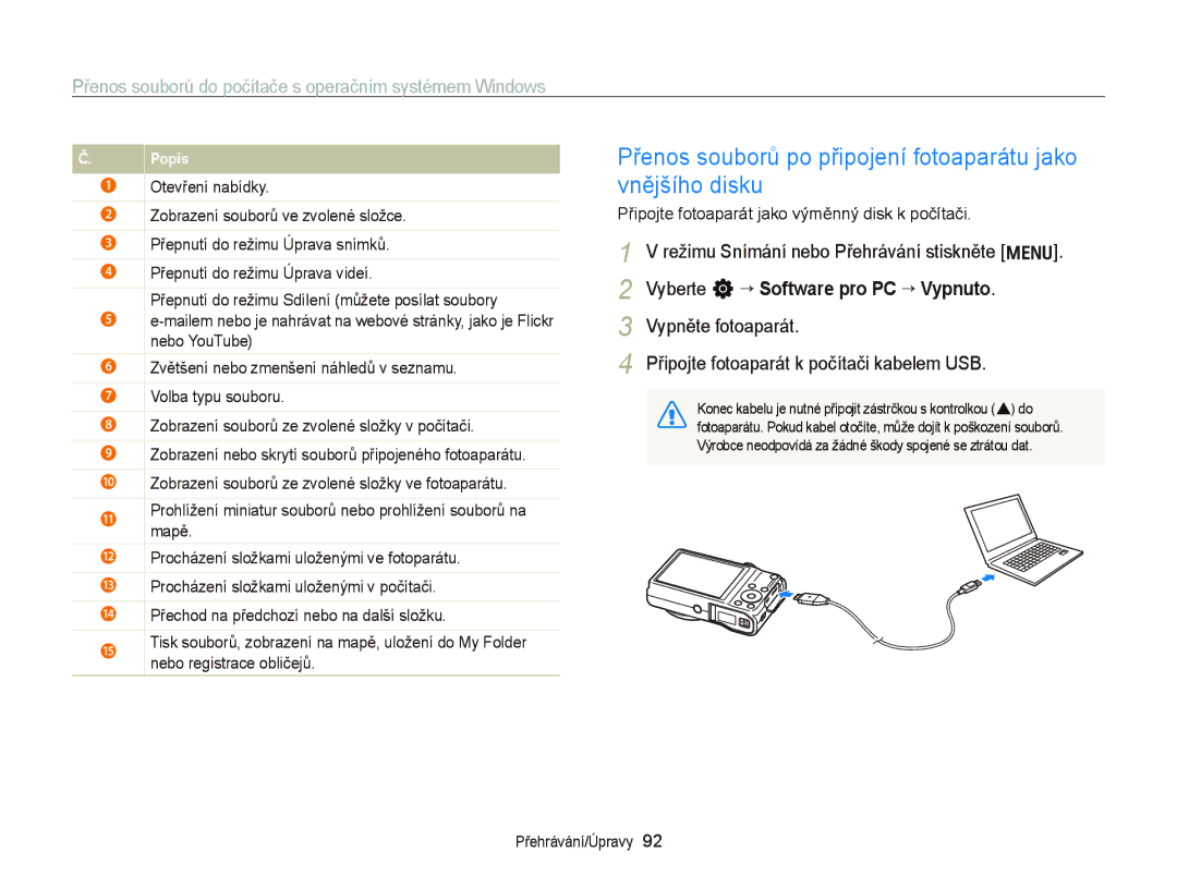 Samsung EC-WB700ZBPBE1, EC-WB700ZBPSE3, EC-WB700ZBPBE3 manual Přenos souborů po připojení fotoaparátu jako vnějšího disku 