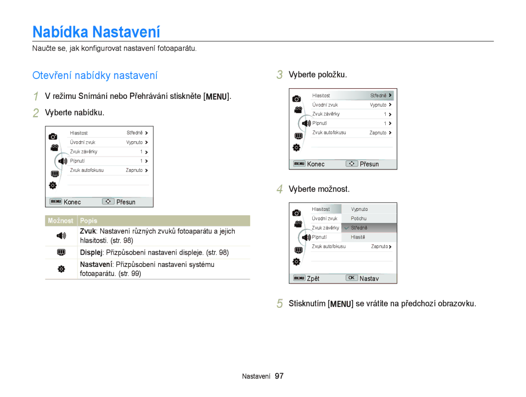 Samsung EC-WB700ZBPBE3, EC-WB700ZBPBE1, EC-WB700ZBPSE3 manual Nabídka Nastavení, Otevření nabídky nastavení, Vyberte položku 