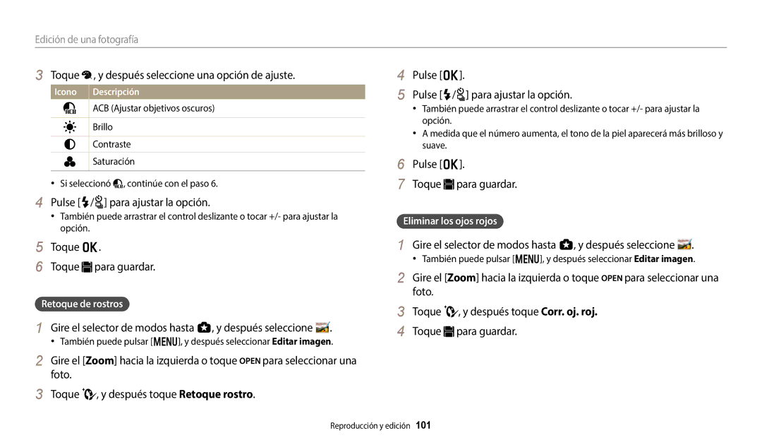 Samsung EC-WB800FBPWIL, EC-WB700ZBPBE1 Toque , y después seleccione una opción de ajuste, Pulse F/t para ajustar la opción 