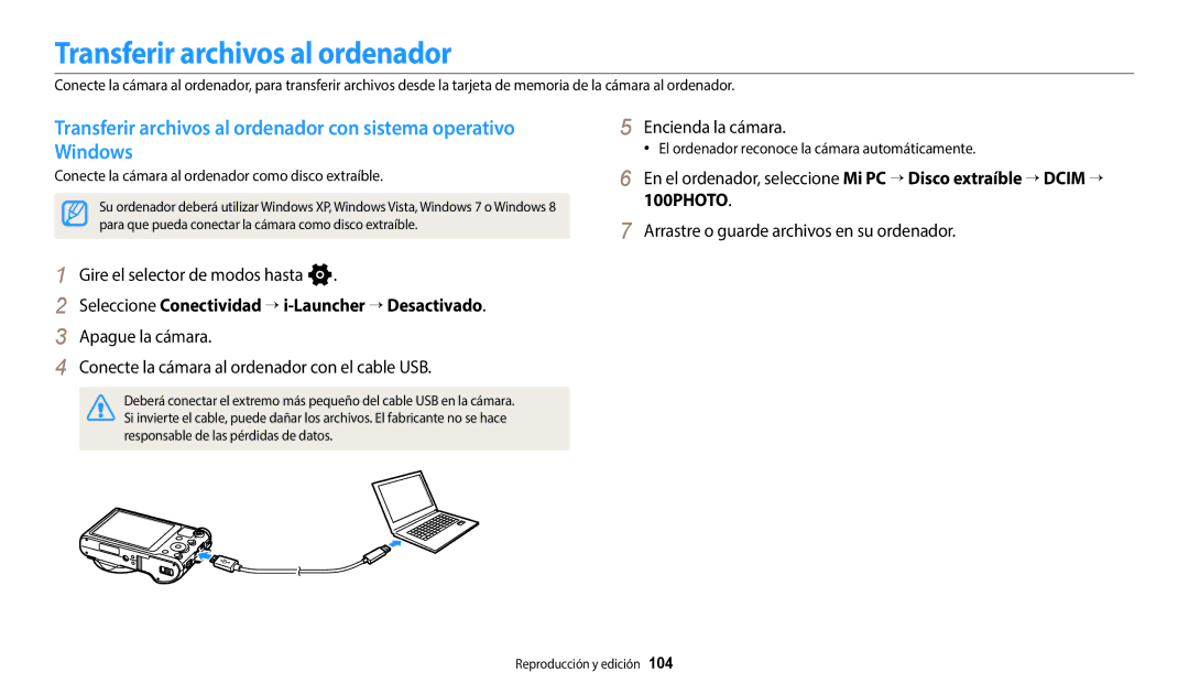 Samsung EC-WB800FBPWE1 manual Transferir archivos al ordenador, Seleccione Conectividad “ i-Launcher “ Desactivado 