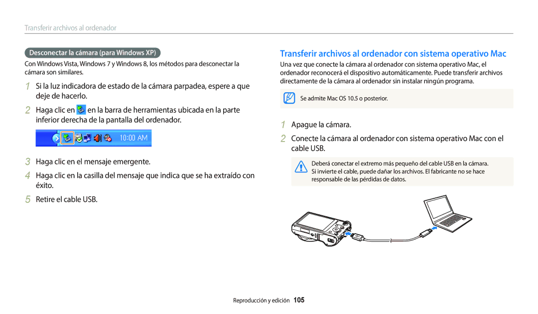 Samsung EC-WB800FFPWE1 Transferir archivos al ordenador con sistema operativo Mac, Desconectar la cámara para Windows XP 