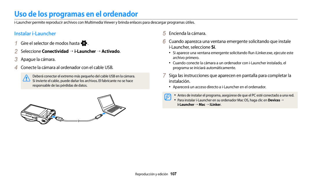 Samsung EC-WB800FFPBE1, EC-WB700ZBPBE1, EC-WB800FBPWE1 manual Uso de los programas en el ordenador, Instalar i-Launcher 