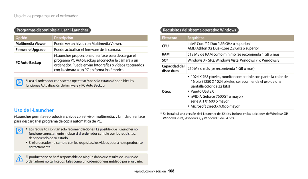 Samsung EC-WB800FBPRIL, EC-WB700ZBPBE1 Uso de i-Launcher, Programas disponibles al usar i-Launcher, Elemento Requisitos 