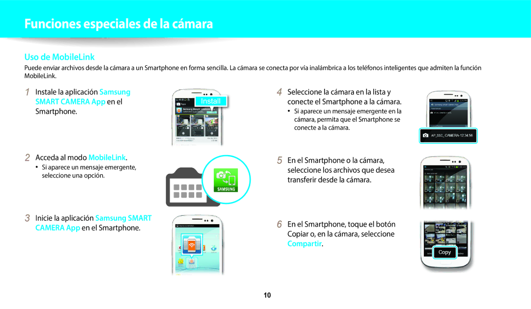 Samsung EC-WB800FBPBE1, EC-WB700ZBPBE1, EC-WB800FBPWE1, EC-WB800FFPWE1 manual Uso de MobileLink, Acceda al modo MobileLink 