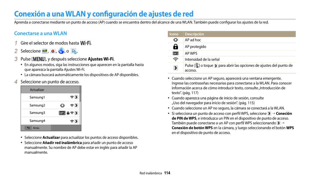 Samsung EC-WB800FBPBE1, EC-WB700ZBPBE1 manual Conexión a una Wlan y configuración de ajustes de red, Conectarse a una Wlan 