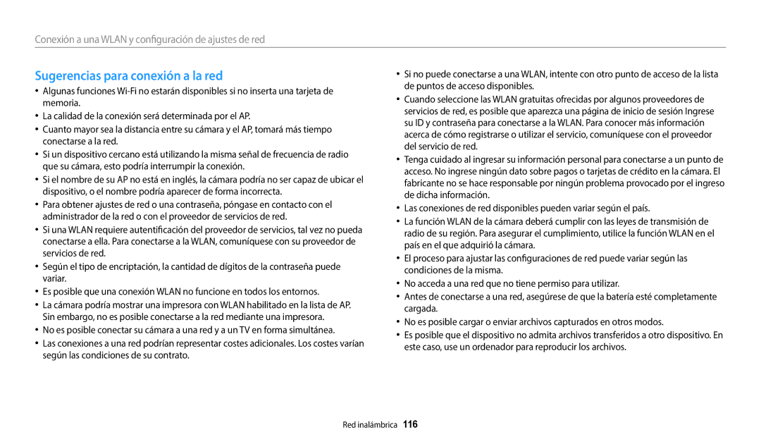 Samsung EC-WB800FBPRIL, EC-WB700ZBPBE1, EC-WB800FBPWE1, EC-WB800FFPWE1, EC-WB800FBPBE1 Sugerencias para conexión a la red 