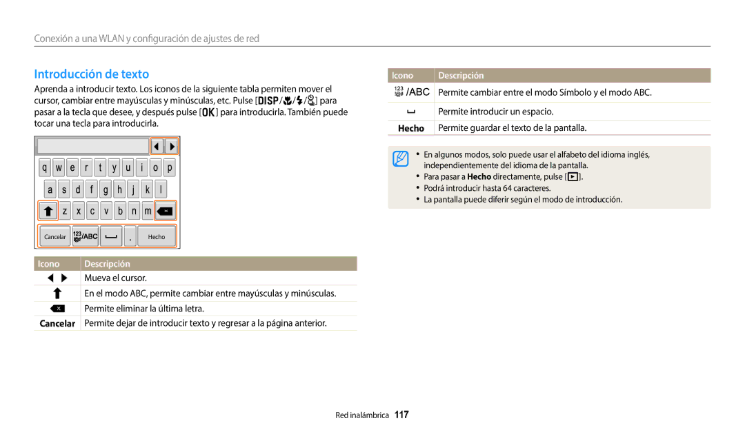 Samsung EC-WB800FBPWIL, EC-WB700ZBPBE1, EC-WB800FBPWE1, EC-WB800FFPWE1 manual Introducción de texto, Icono Descripción 