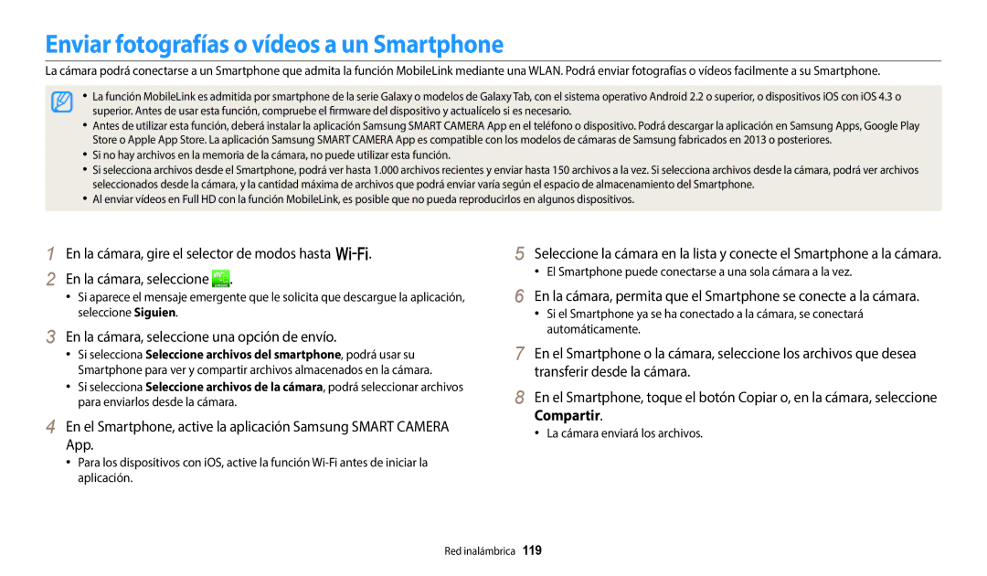 Samsung EC-WB700ZBPBE1 manual Enviar fotografías o vídeos a un Smartphone, En la cámara, seleccione una opción de envío 