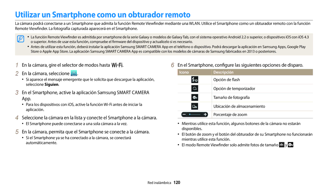 Samsung EC-WB800FBPWE1 manual Utilizar un Smartphone como un obturador remoto, Opción de flash, Opción de temporizador 