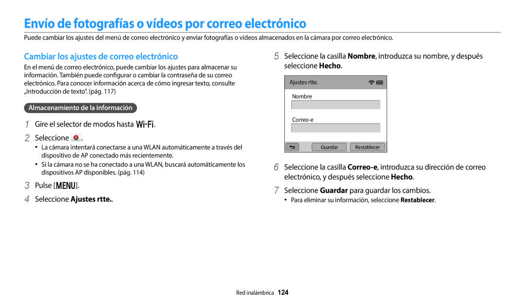 Samsung EC-WB800FBPRIL Envío de fotografías o vídeos por correo electrónico, Cambiar los ajustes de correo electrónico 