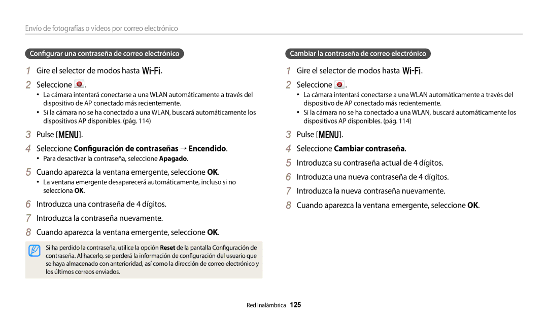 Samsung EC-WB800FBPWIL, EC-WB700ZBPBE1 Seleccione Configuración de contraseñas “ Encendido, Seleccione Cambiar contraseña 