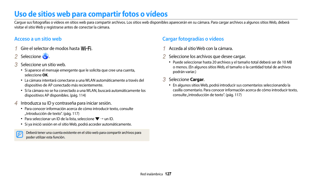 Samsung EC-WB700ZBPBE1 Uso de sitios web para compartir fotos o vídeos, Acceso a un sitio web, Cargar fotogradías o vídeos 