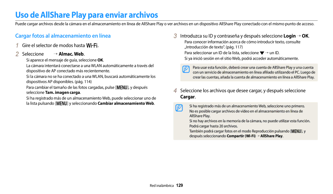 Samsung EC-WB800FFPWE1, EC-WB700ZBPBE1 Uso de AllShare Play para enviar archivos, Cargar fotos al almacenamiento en línea 