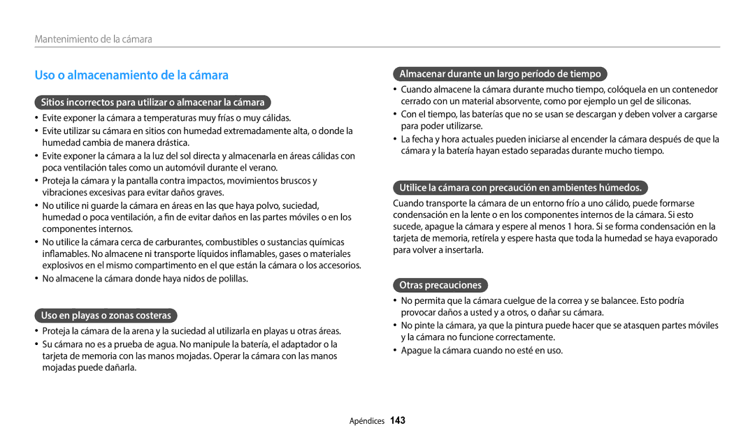 Samsung EC-WB700ZBPBE1, EC-WB800FBPWE1, EC-WB800FFPWE1, EC-WB800FBPBE1, EC-WB800FFPBE1 manual Uso o almacenamiento de la cámara 