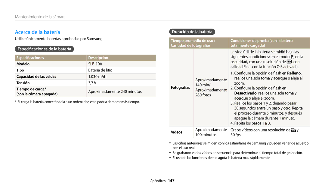 Samsung EC-WB800FFPBE1 Acerca de la batería, Duración de la batería, Especificaciones Descripción, Tiempo promedio de uso 