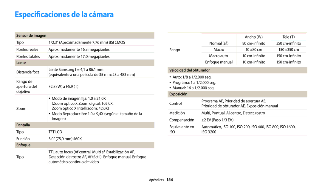 Samsung EC-WB800FBPBE1, EC-WB700ZBPBE1, EC-WB800FBPWE1 Especificaciones de la cámara, Sensor de imagen, Enfoque, Exposición 