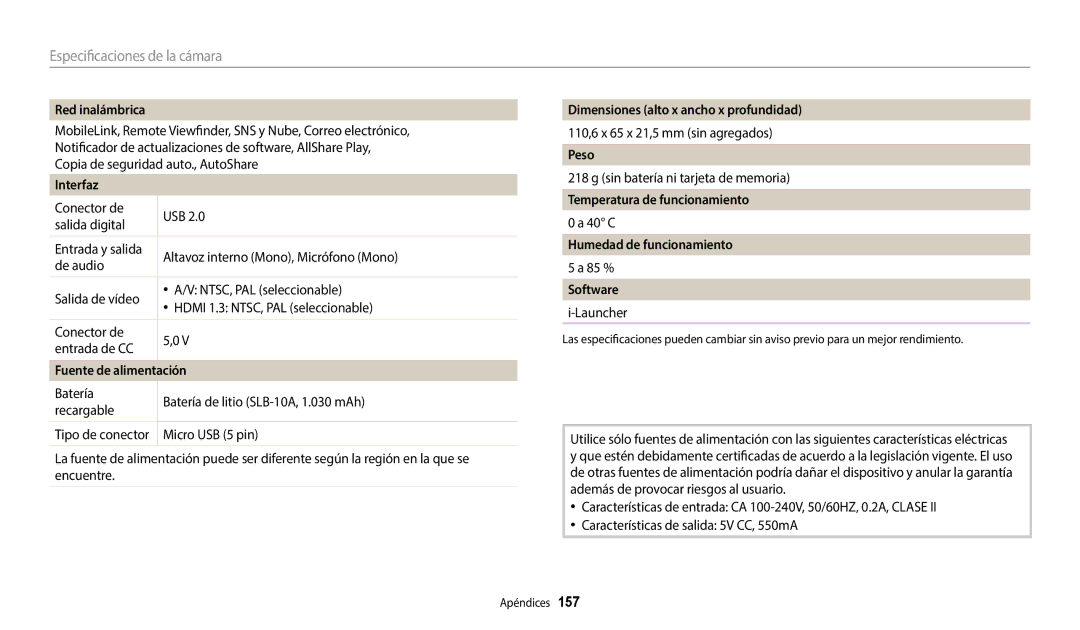 Samsung EC-WB800FBPWIL Red inalámbrica, Interfaz, Fuente de alimentación, Dimensiones alto x ancho x profundidad, Peso 