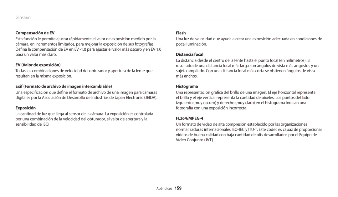Samsung EC-WB700ZBPBE1 manual Compensación de EV, EV Valor de exposición, Exif Formato de archivo de imagen intercambiable 