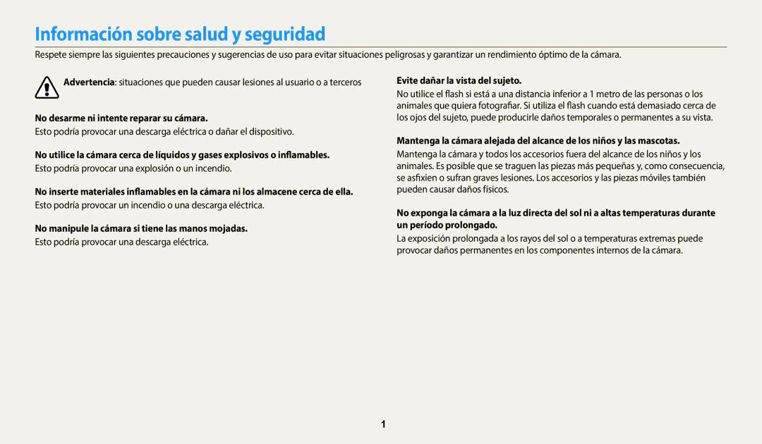 Samsung EC-WB800FFPWE1, EC-WB700ZBPBE1 manual Información sobre salud y seguridad, No desarme ni intente reparar su cámara 