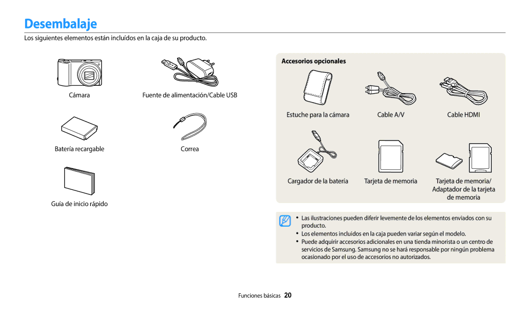 Samsung EC-WB800FBPRIL, EC-WB700ZBPBE1, EC-WB800FBPWE1, EC-WB800FFPWE1, EC-WB800FBPBE1 Desembalaje, Accesorios opcionales 