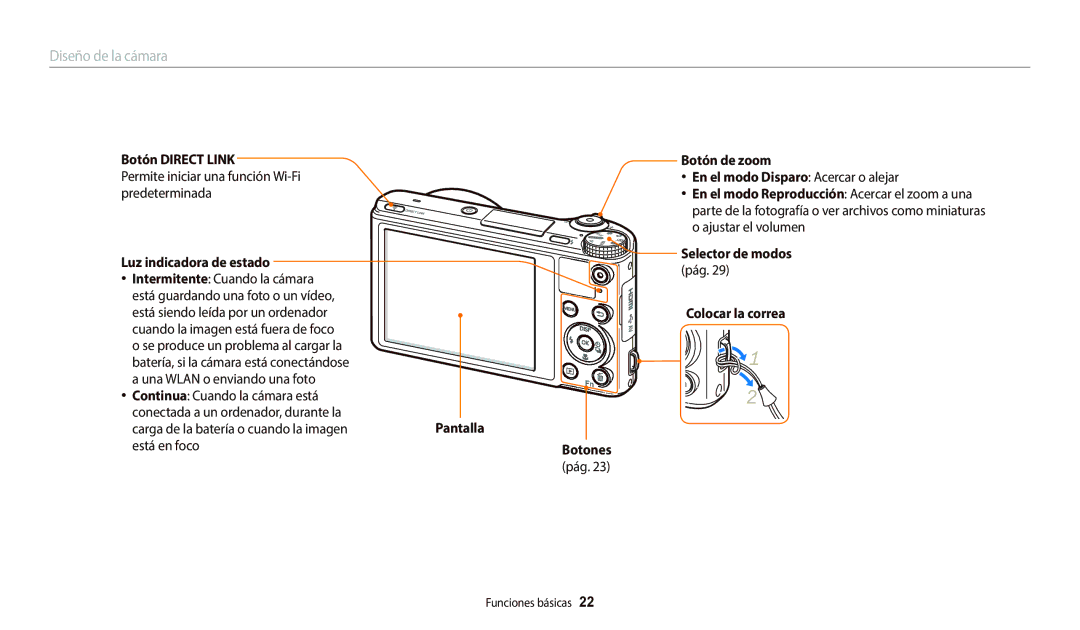 Samsung EC-WB800FBPBIL Botón Direct Link Botón de zoom, En el modo Disparo Acercar o alejar, Colocar la correa, Pantalla 