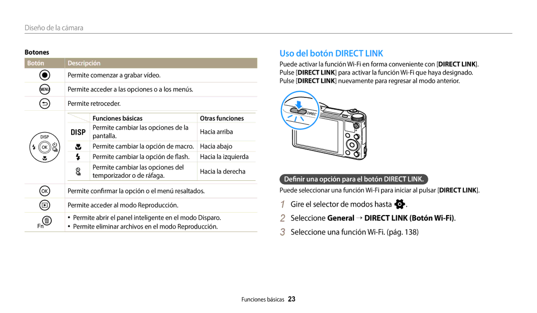 Samsung EC-WB700ZBPBE1 Uso del botón Direct Link, Gire el selector de modos hasta n, Seleccione una función Wi-Fi. pág 