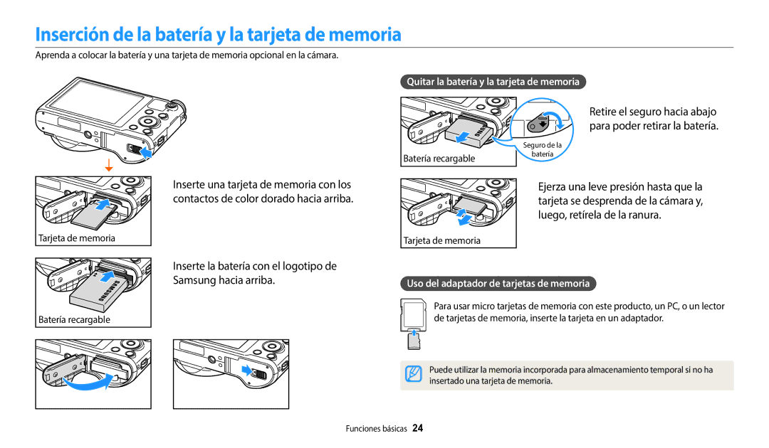 Samsung EC-WB800FBPWE1 manual Inserción de la batería y la tarjeta de memoria, Quitar la batería y la tarjeta de memoria 