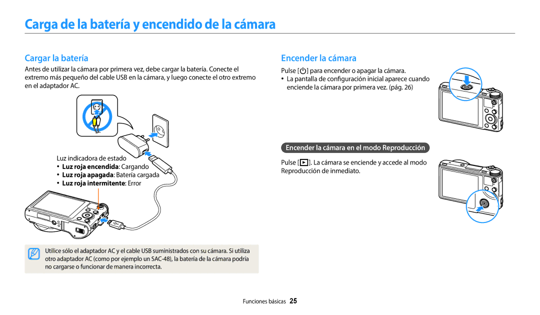 Samsung EC-WB800FFPWE1, EC-WB700ZBPBE1 Carga de la batería y encendido de la cámara, Cargar la batería, Encender la cámara 