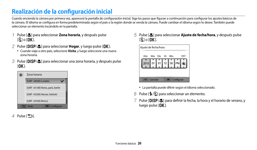 Samsung EC-WB800FBPBE1, EC-WB700ZBPBE1, EC-WB800FBPWE1, EC-WB800FFPWE1 manual Realización de la configuración inicial, Pulse b 